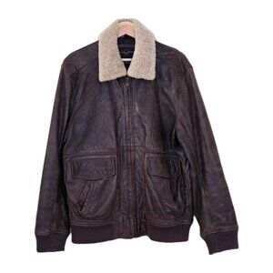 Black Brown 1826 Leather Jacket Men M Brown LS Aviator Shearling Collar Full Zip